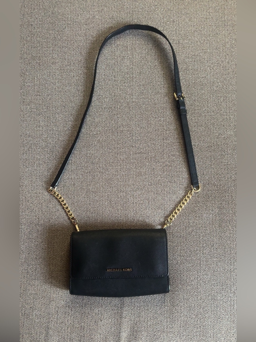 Michael Kors Black Leather Crossbody with Gold Chain Strap